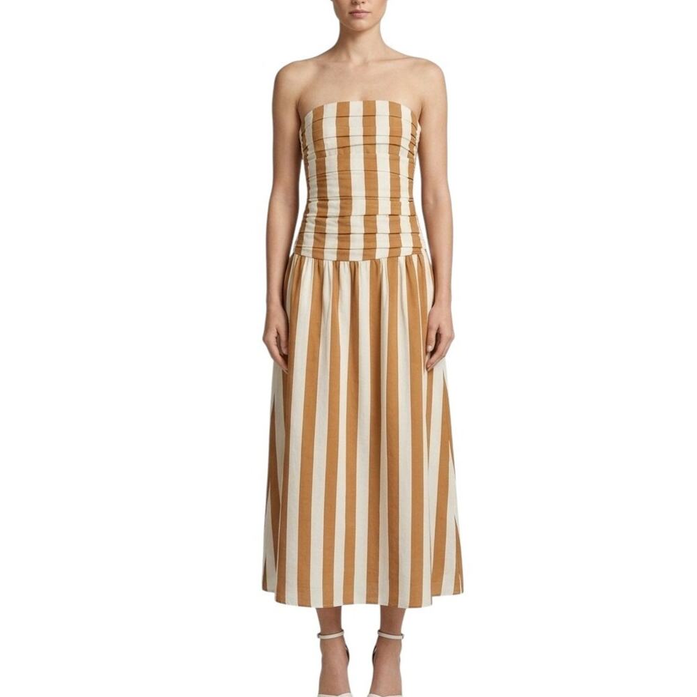 By The River Brown Striped Strapless Midi Dress Gathered Ruched Women S NWT